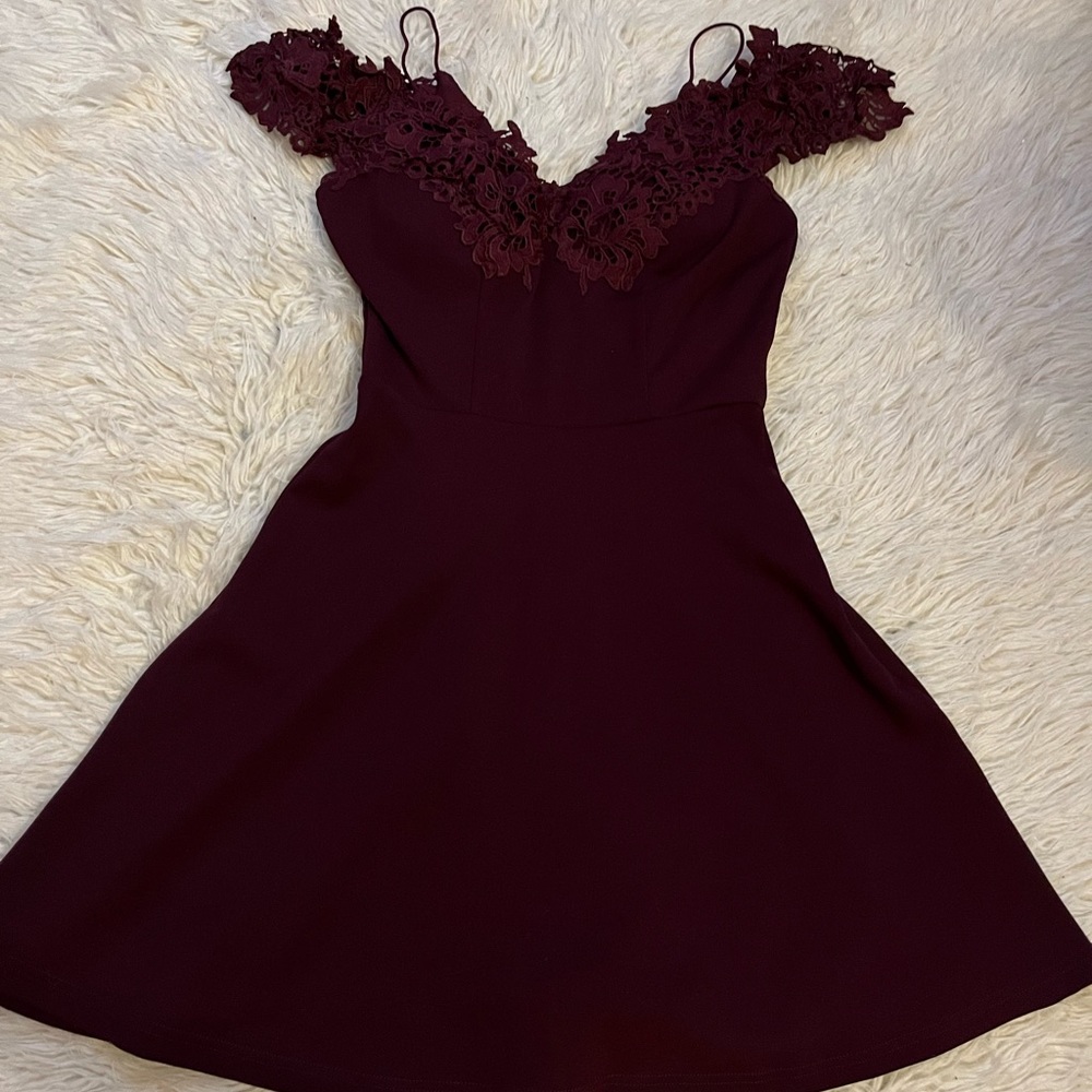 Maroon off the shoulder dress with lace neckline detailing